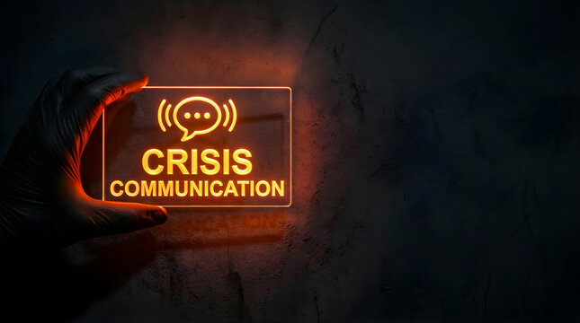 Gloved hand holding glowing crisis communication sign for emergency management