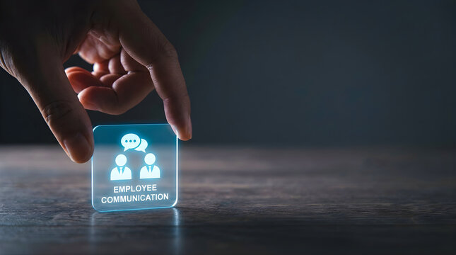 Hand holding digital employee communication icon for corporate internal business strategy