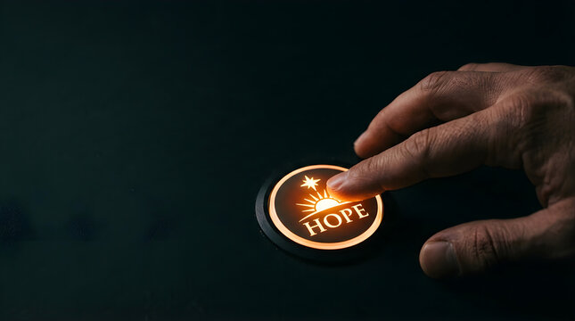 Human finger pressing a glowing hope button on a dark surface to activate positive change