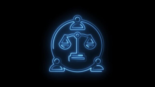 Neon outline of scales of justice balanced within a circular frame surrounded by simplified icon