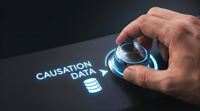 Human hand adjusting causation data settings on a futuristic control panel interface for analytics