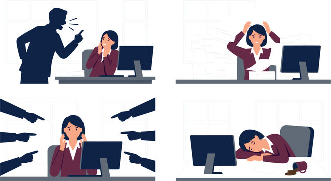 Workplace Bullying and Stress Scene Set with Angry Boss Screaming Employee Blaming Overworked Businesswoman Suffering from Burnout and Depression Concepts