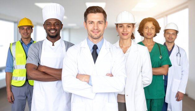 Confident and diverse group of essential workers and professionals from various fields standing together, representing a skilled workforce committed to their careers and the future