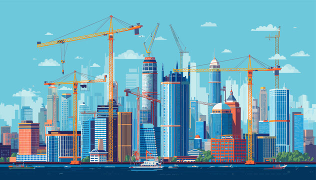 Vibrant cityscape illustration with numerous skyscrapers under construction and towering cranes by a waterfront.