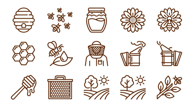 Beehive Icons: Honey, Beekeeper, Honeycomb, Flowers & Nature Elements