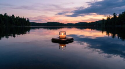 Fototapeta premium Floating memorial candle on a calm lake at twilight