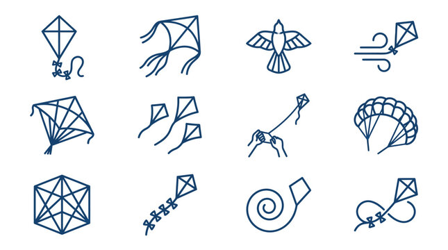 Set of 12 Kite Icons, Line Art, Vector Illustrations of Flying Kites