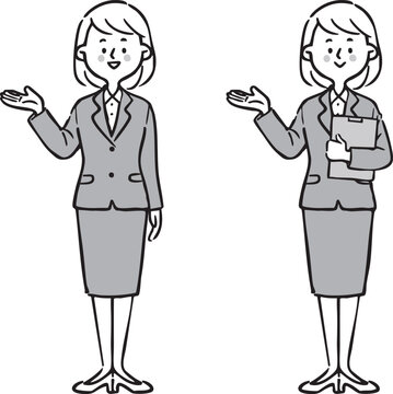スーツを着た女性社員が案内しているイラスト　全身　ベクター（モノクロ）