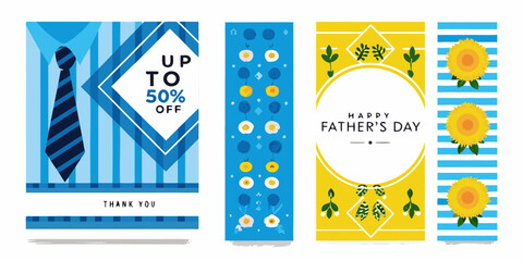 father s day greeting cards vector illustration fathers blue tie yellow flowers stripes thank you discount offer happy card design art © Ranajit
