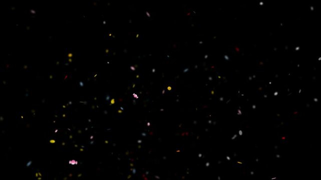 Confetti particles drift slowly against a deep black background to create an elegant and celebratory visual effect.