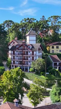 Winter Destination In Campos Do Jordao In Sao Paulo Brazil. Mantiqueira Mountain. Downtown Cityscape. European Architecture. Winter Destination In Campos Do Jordao In Sao Paulo Brazil. Tourism Travel.