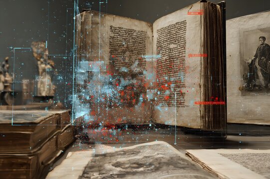 Ancient open manuscript book being scanned and digitized with floating blue and red data particles in a library archive laboratory