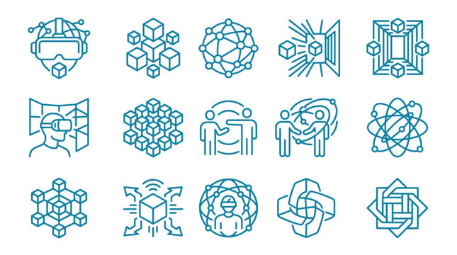 Virtual Reality Technology Icons: VR headset, cubes, network, metaverse, blockchain, abstract