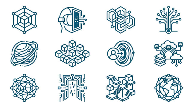 Futuristic Technology Icons: AI, VR, Data, Network, Blockchain, Cyber Security, Innovation