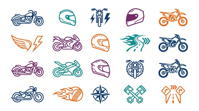 Motorcycle Icons Set: Helmets, Bikes, Wings, Flames, Compass, Road Signs