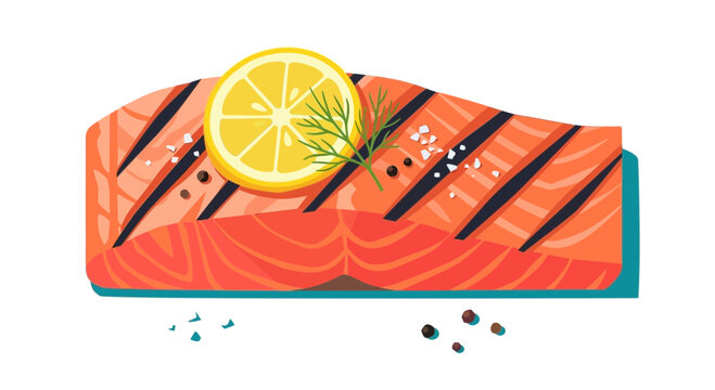 Summer grilled salmon fillet with lemon and herbs garnish