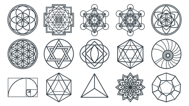 Sacred Geometry Symbols Collection: Flower of Life, Metatron's Cube, Sri Yantra, Golden Ratio