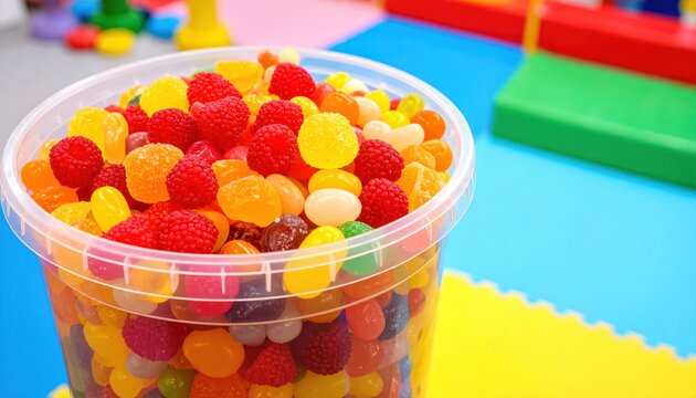 A vibrant assortment of fruit flavored jelly beans in a clear container