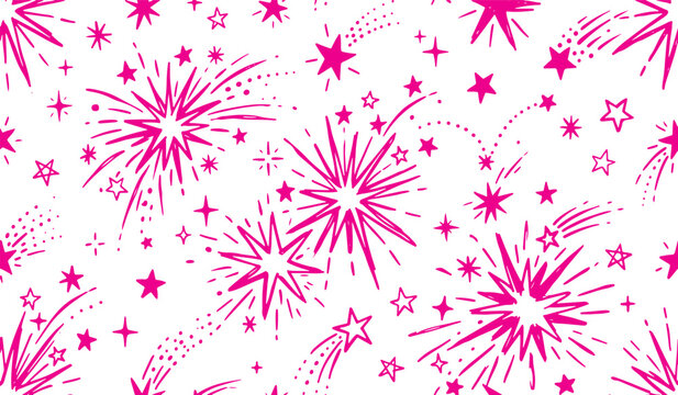 Seamless pattern of hand drawn pink fireworks and celestial star clusters with fireworks background celestial handdrawn illustration wallpaper