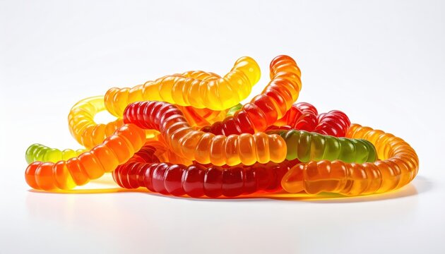 A heap of colorful gummy worms glistening under warm light, isolated on a transparent background.