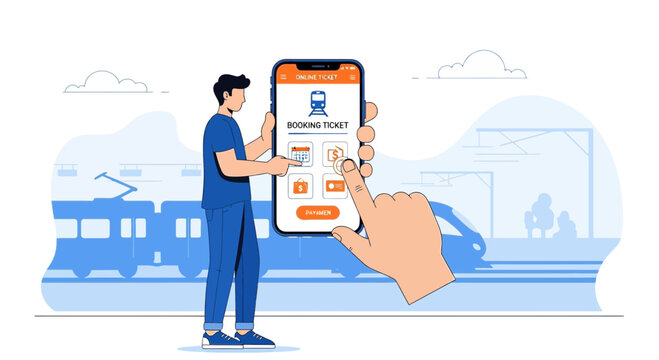 Man booking train ticket online via smartphone app at station, travel booking concept