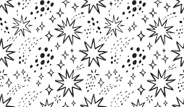 Seamless pattern of hand drawn black cosmic stars and celestial particles on white background with celestial handdrawn background illustration wallpaper