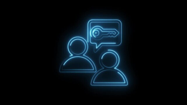 Two glowing neon user icons with a speech bubble containing a key symbol representing access