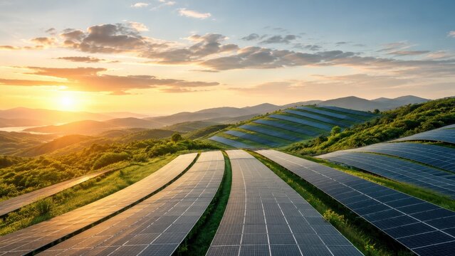 Solar panels in rolling hills during a vibrant sunset landscape