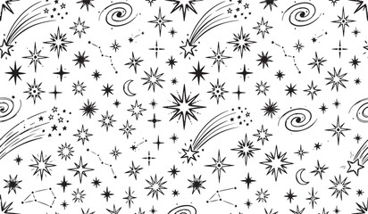 Seamless pattern of hand drawn night sky elements stars planets and comets with galaxies astronomy seamless background © Gopal_Ray