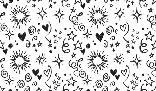 Festive seamless pattern with hand drawn scribble hearts stars and confetti seamless confetti celebration scribble decoration background illustration
