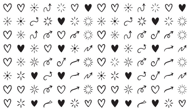 Hand drawn doodle pattern of hearts sparkles and arrows sparkles handdrawn romantic valentines elements background