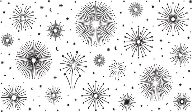 Abstract seamless pattern of hand drawn fireworks and stars on a white background with fireworks handdrawn celebration abstract background wallpaper monochrome