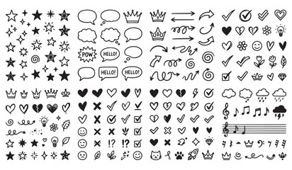 Comprehensive collection of hand-drawn vector doodle design elements featuring stars hearts crowns speech bubbles checkmarks arrows and musical notes handdrawn ornaments collection © Gopal_Ray