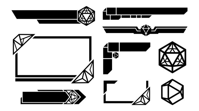 Black and white blocky stream overlay set featuring solid lower thirds, 16:9 screen borders, and D20 RPG dice for gaming UI layout templates