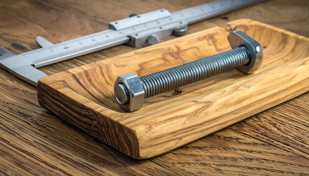 Close-up of a large bolt and nut resting on a wooden tray, with a caliper gauge in the background, all on a wooden surface