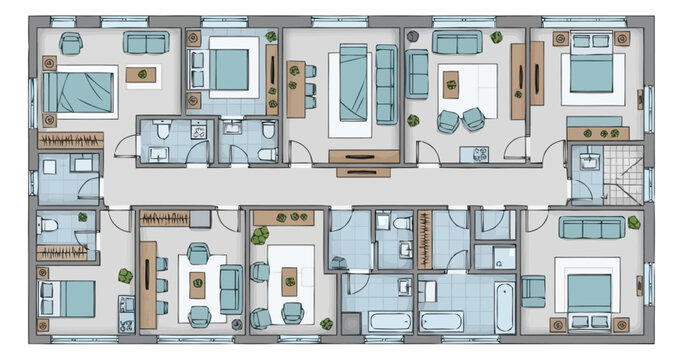 Detailed architectural floor plan layout of a residential apartment building showing multiple units with rooms furniture renderings and room dimensions for real estate development planning and