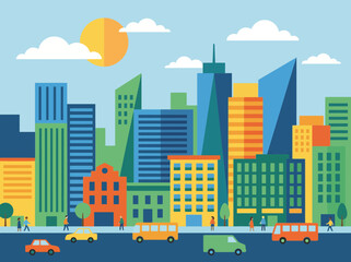 Obraz premium Colorful flat vector illustration of a modern city skyline with skyscrapers and urban traffic.