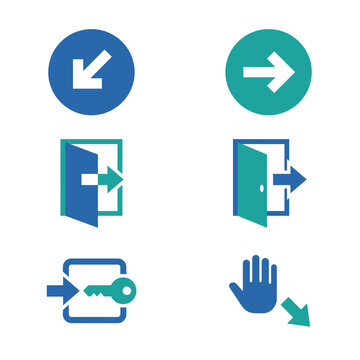 Set of blue and teal navigation and exit icons on white