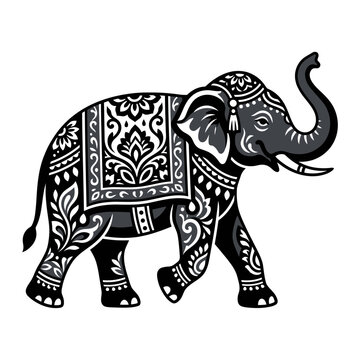 Decorative Indian elephant vector illustration in black and white