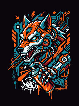 Aggressive mechanical animal with spray can creates vibrant street art