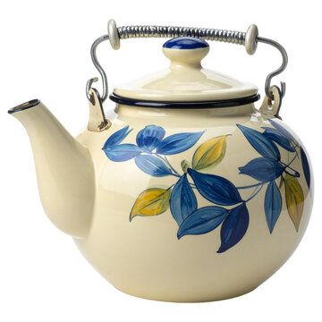 Artistic cream porcelain teapot featuring an arching steel handle and flowing blue and yellow autumn leaf branch designs for harvest themes
