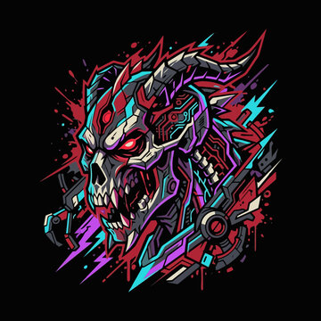 A menacing cybernetic skull creature with glowing red eyes