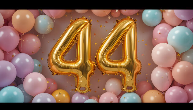 Golden forty four number balloon backdrop with glitter confetti and soft pastel party decorations.