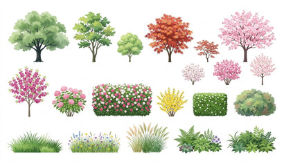 Spring Forest Trees with Blooming Flowers and Meadow Grass Watercolor Landscape Elevation Vector Collection © Mdmasud