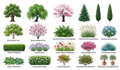 Green Tree Vector Collection with Forest Grass Elevation Watercolor Botanical Elements for Landscape Architecture Isolated on White Background © Mdmasud
