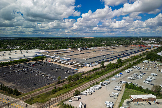Automotive Plant aerial overview with parking lot