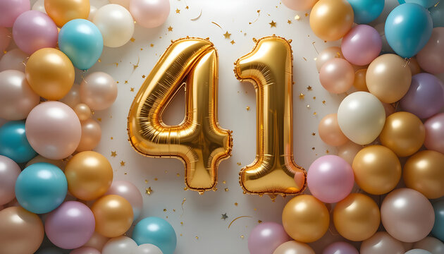 Number forty one golden foil balloon for birthday anniversary party with colorful confetti design.