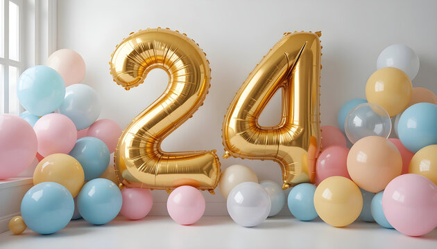 Shiny gold balloon numbers twenty four for birthday anniversary party celebration on white surface.