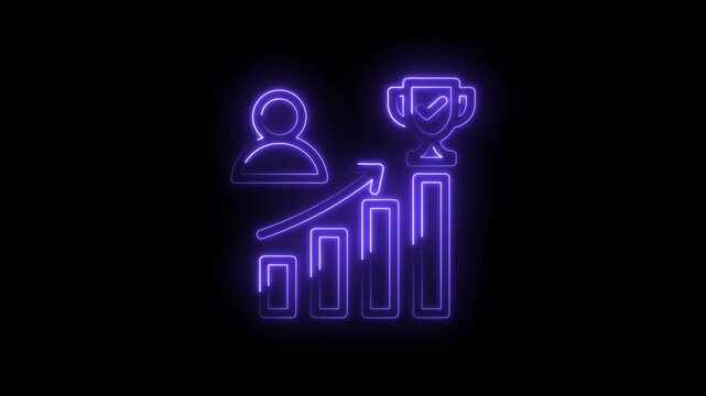 Neon glowing success icon with rising bar graph and trophy symbolizing achievement growth and