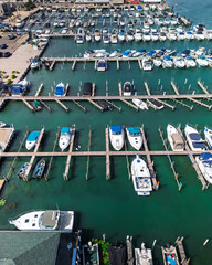 Fototapeta premium Marina aerial view with many boats docked at Detroit river